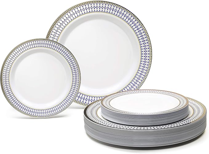 OCCASIONS 50 Disposable Plastic Plates for 25 Guests, Heavy Duty 10.5" Dinner & 7.5" Salad/Dessert, Fancy Wedding Party Dinnerware Set, China-Like Look, BPA Free Recyclable (Odyssey White/Blue & Gold)
