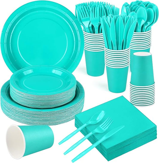 Kochorie 350 Pieces Teal Blue Dinnerware Set, 7 & 9 inch Dessert Paper Plates Cups Napkins Plastic Cutlery Disposable Party Supplies for Birthday Baby Shower Wedding, Serve 50 Guests