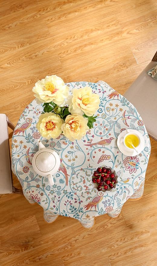 patdrea Vintage French Linen Tablecloth,Round,Diameter 67"-Magnolia | Colorful Elegant Table Cloth for Round Table,Yellow Floral Bird Print,Dining Room Tea Party Decoration,Durable