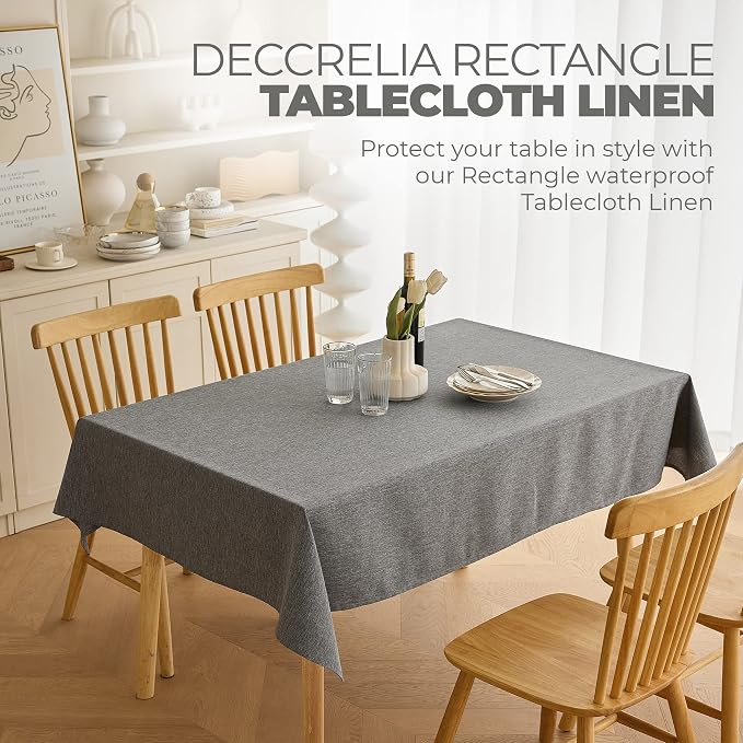Decorelia Faux Linen Waterproof Tablecloth,Dark Grey,144" x 60" (Rectangular)