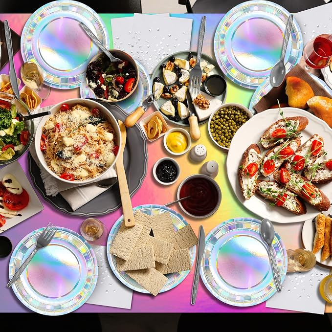 Iridescent Party Supplies Decorations, Holographic Paper Plates and Napkins Set, Disposable Iridescent Paper Plates Cups Knives Spoons Fork Straw for Mermaid Birthday Wedding Party, Serve 50