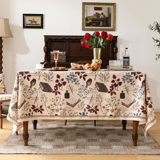 ISAENNE Designer French Linen Rectangular Tablecloth,94"x63"-Xipeia | Vintage Elegant Printed Table Cloth for Rectangle Table,Floral Pattern,Heavyweight,Dining Room,Kitchen,Thanksgiving,Decor