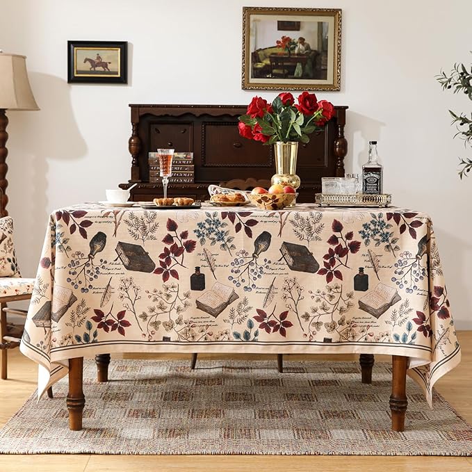 ISAENNE Designer French Linen Rectangular Tablecloth,118"x67"-Xipeia | Vintage Elegant Printed Long Table Cloth for Rectangle Table,Floral Pattern,Heavyweight,Dining Room,Kitchen,Thanksgiving