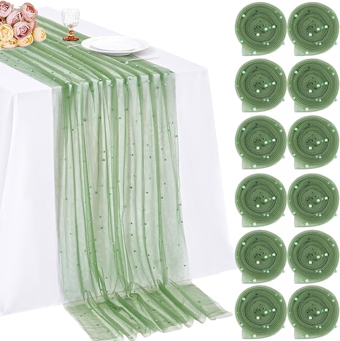 Tulle Pearl Table Runner Lace: 10ft Tulle Runners Romantic Sheer Tables Cover 12pcs Decorative Fabrics for Wedding Arch Dessert Table Decorations Sage Green