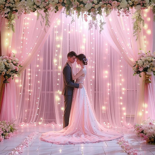 10x10ft Pink Chiffon Backdrop Curtain with Lights String for Wedding Sheer Tulle Curtain Photo Backdrops Drapes for Baby Shower Birthday Party Home Ceremony Decorations