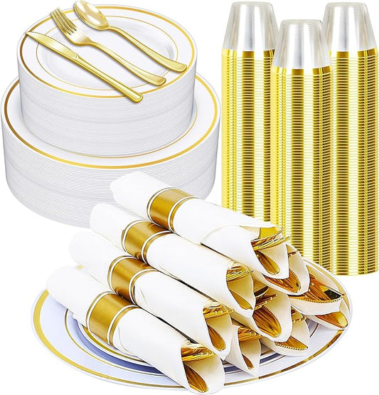 Zcaukya 350 PCS Gold Plastic Dinnerware for 50 Guests, Elegant Disposable Utensils Set with 100 Plates, 50 Pre-Wrapped Napkins, 50 Cups, 50 Spoons, 50 Forks and 50 Knives for Birthday Parties Weddings