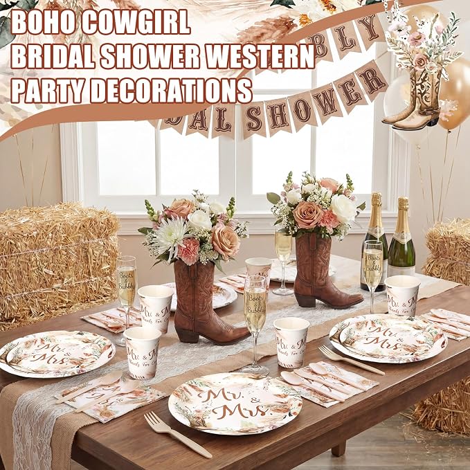 168 Pcs Boho Cowgirl Bridal Shower Party Supplies Happily Ever After Decorations Wedding Plates and Napkins Western Engagement Tableware Set Mr and Mrs Disposable Paper Plate Cups Serves 24