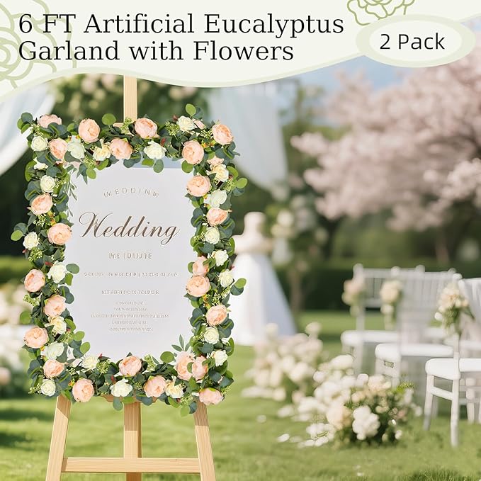 Lewondr Artificial Eucalyptus Garland with Flower - 8 Rose 8 Peony, 2Pcs 13FT Faux Floral Greenery Garlands Fake Flowers Vines, Maintenance-Free for Table Backdrop Party Room Decor, Mixed Champagne