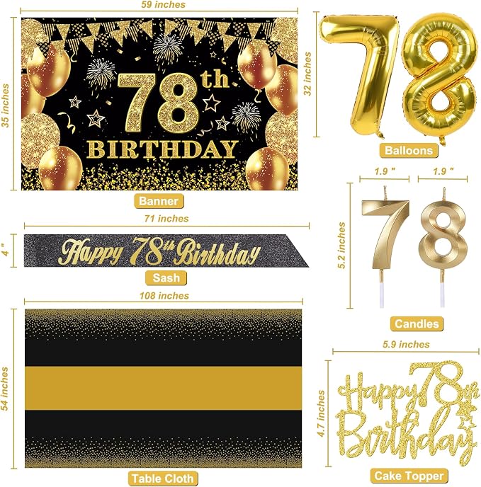 78th Birthday Decorations Men Women with 78th Birthday Banner, Black and Gold Table Cloth, Number Balloons,Sash, Cake Topper and Candles