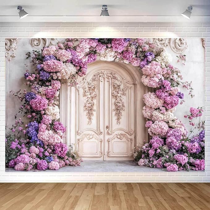 15X10ft Flower Backdrop Purple Floral Arch Retro Door Photography Backdrops Modern Interior European Style Wall Decoration Wedding Portrait Background Studio Photo Booth Props