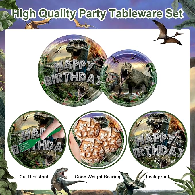 Avezano 192 Pcs Dinosaur Birthday Party Supplies Jurassic Dinosaur Plates and Napkins for Birthday Party Dinosaur Theme Birthday Party Decoration for Kids Serves 24