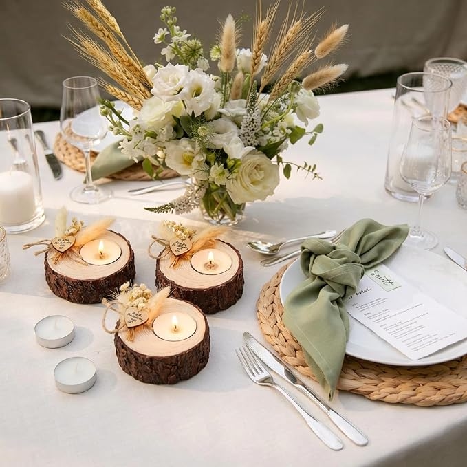 12 Pcs Wedding Candle Favors for Guests - Bridal Shower Wood Memorial Tealight Candle Holder Rustic Souvenirs Wedding Guest Gifts Party Decorations