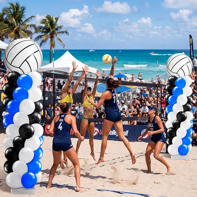 Kasyat 2 Sets Volleyball Balloon Column Stand Kit Blue Black White Volleyball Sports Balloons Adjustable Balloon Arch Stands for Senior Night Decorations Birthday Supplies
