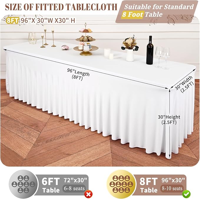 2 Packs White Stretch Table Skirts for 8 Foot Rectangle Table, Washable Spandex Stretch Tablecloths with Skirt, Wrinkle Resistant Fitted Tablecover for Wedding Party Banquet