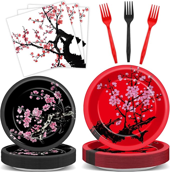 96Pcs Hibachi Party Decorations Chinese Japanese Cherry Blossom Tableware Sets Cherry Flowers Party Plates and Napkins for Hibachi New Year Spring Festival Wedding Supplies for 24 Guests