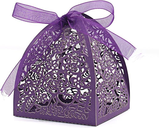 KPOSIYA Pack of 100 Laser Cut Rose Candy Boxes, Favor Boxes 2.5"x 2.5"x 3.1", Gift Boxes Bridal Shower Anniverary Birthday Party Wedding Favor (100,Purple)