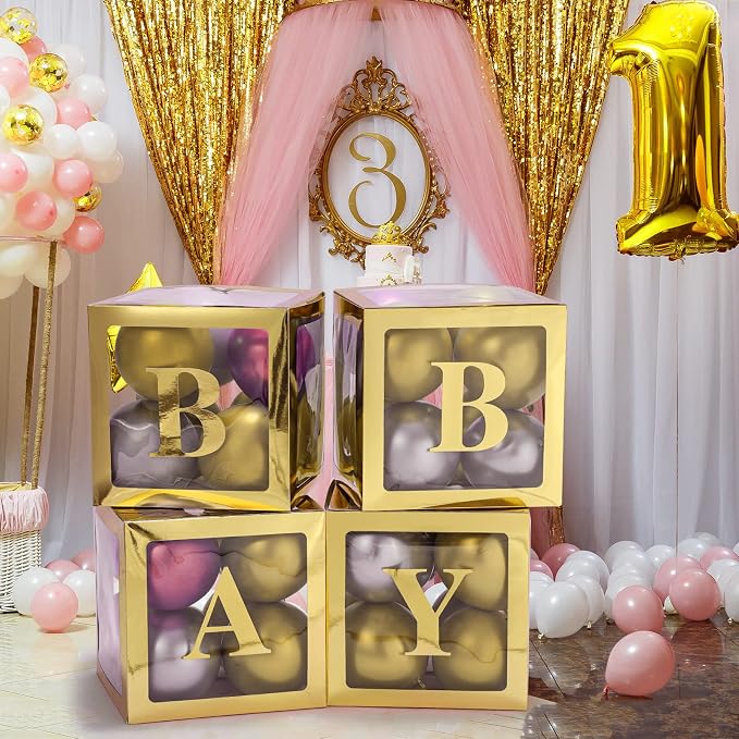 Baby Boxes with Letters for Baby Shower Decorations - 4 Transparent Balloon Boxes for Gender Reveal (Gold)