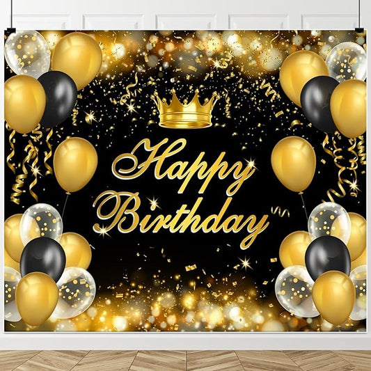 ChloropLastid Happy Birthday Decorations Backdrop Banner 10x8ft Black and Gold Balloons Glitter Birthday Party Photography Background for Men Women Boys Girls Children Kids