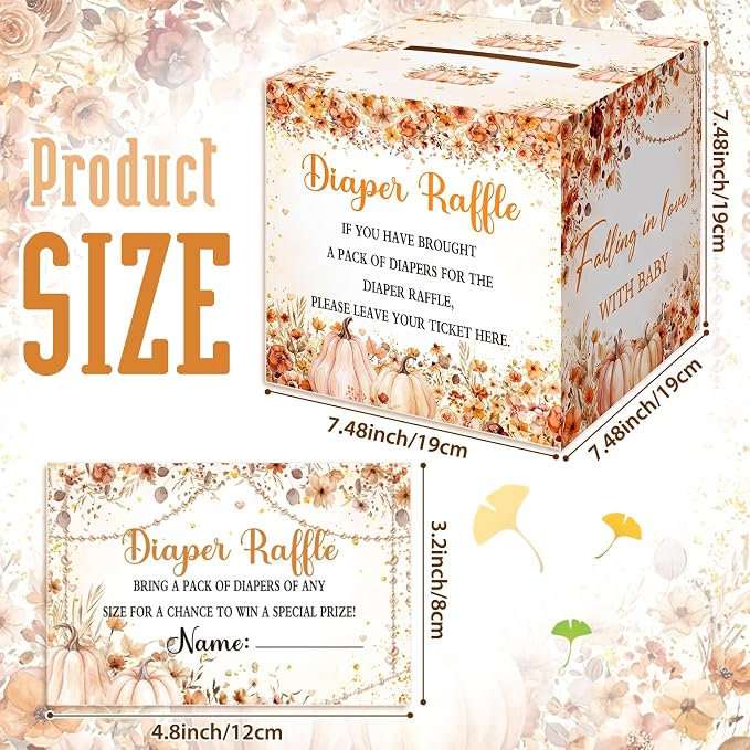 Teling 51 Pieces Diaper Raffle Tickets with Card Box Baby Shower Decorations Gender Reveal Holder Box for Girl Boy Diaper Raffle Party (Falling in Love with Baby Style)