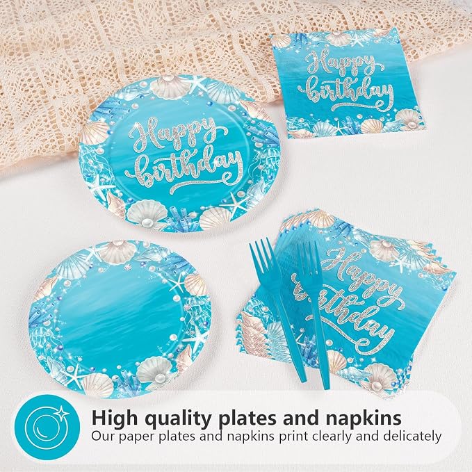 96Pcs Ocean Sea Party Decorations Ocean Waves Birthday Plates and Napkins Disposable Summer Blue Sea Tableware Sets for Boys Girls Birthday Baby Shower Coastal Party Supplies, Serves 24