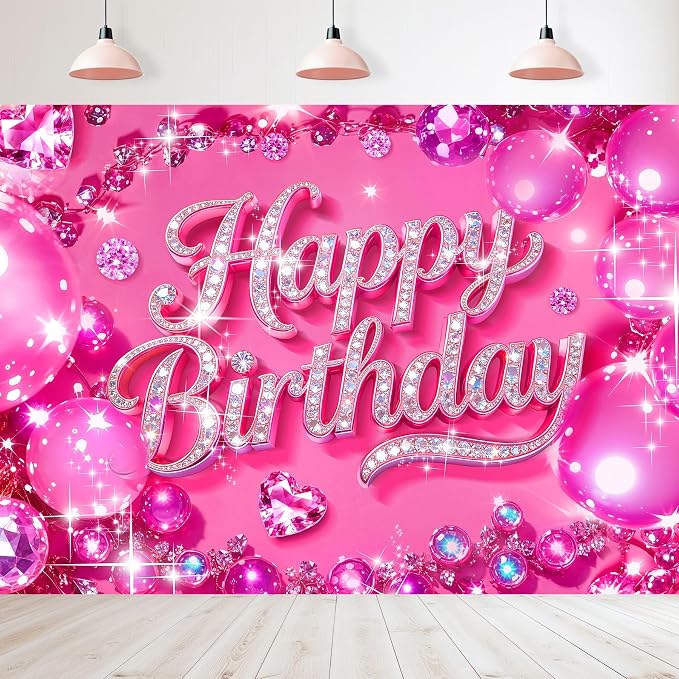 Happy Birthday Backdrop 8Wx6H Feet Polyester Fabric Bling Diamond Glitter Hot Pink Luxurious Ball for Princess Girls Decoration Modern Party Photography Background Photo Shoot Props