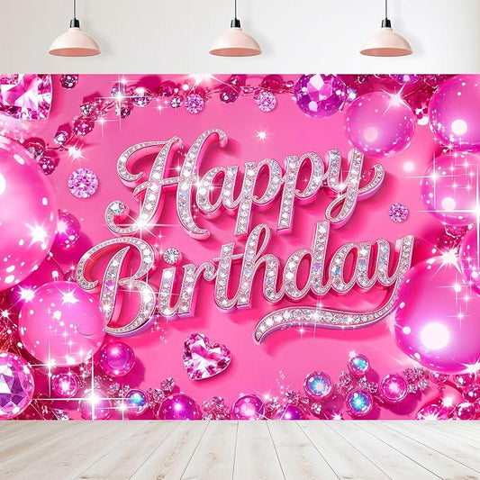 Happy Birthday Backdrop 8Wx6H Feet Polyester Fabric Bling Diamond Glitter Hot Pink Luxurious Ball for Princess Girls Decoration Modern Party Photography Background Photo Shoot Props