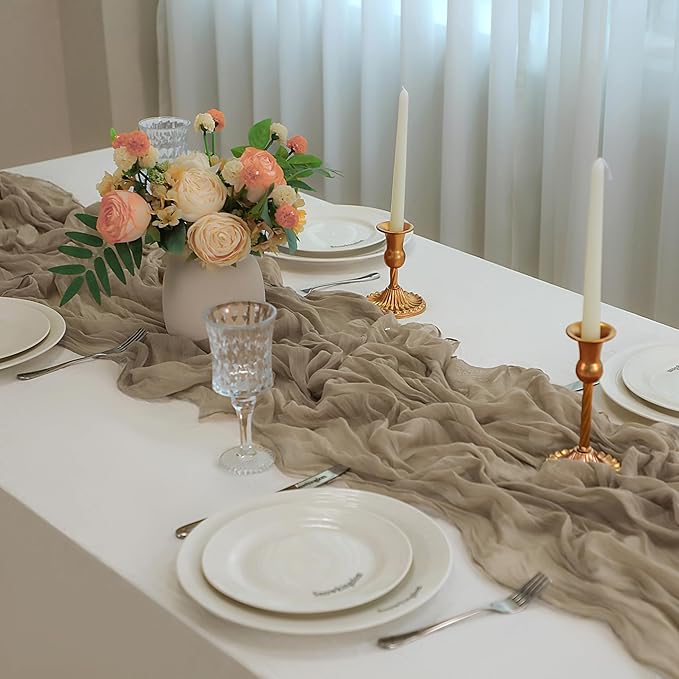 Snowkingdom Nude Brown Cheesecloth Table Runner Taupe Light Tan 120 Inch Long 10FT Boho Rustic Neutral Gauze Sheer Runner for Wedding Baby Shower Birthday Christmas Holiday Party Decorations