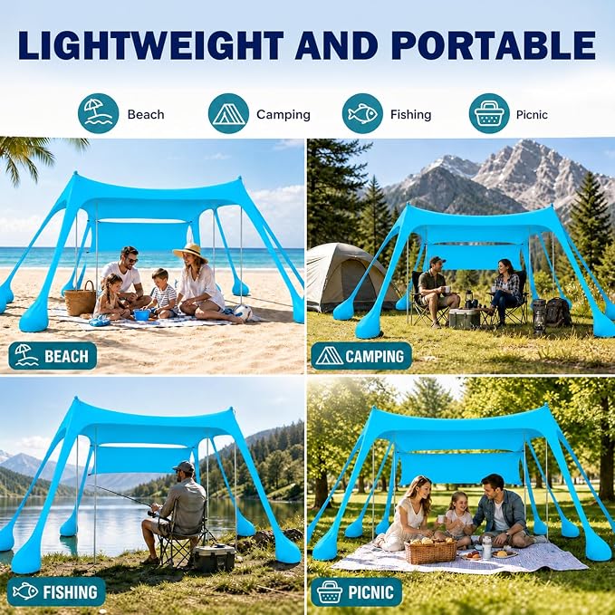 Large Beach Tent Sun Shelter with Sidewall, UPF80+ UV Protection Beach Tents Shade Canopy with 8 Sandbags, 4 Stability Poles for Sand, Camping, Fishing, Outdoor Tent Sun Shelters (11x11ft, Sky Blue)