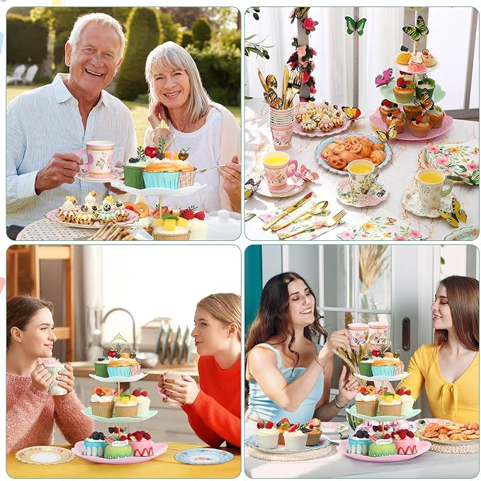 121 Pcs Floral Tea Party Dinnerware Set Include 9 oz Paper Cups and Saucers, Napkins, 3 Tier Cake Stand, Serving Platter, Butterfly Decorations, Flower Banner Tableware for Birthday Wedding