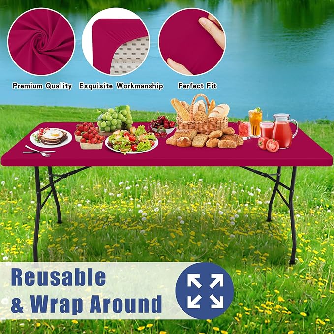 Moosfor Spandex 8 Foot Rectangle Table Cloth 4 Pack, Elastic Fitted Tablecloths for Picnic, Stretch Washable Patio Table Cover for Outdoor, Camping, Banquet and Parties (Fuchsia, 30"x96")
