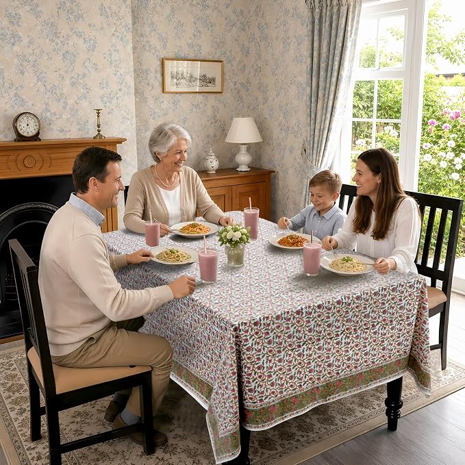 Ridhi Block Print Rose Pink Floral Vine Rectangle Cotton Tablecloth 140" x 72" Reusable Table Cover Decorative Everyday Use for Dining, Farmhouse, Home Gift for Spring, Easter, Valentine