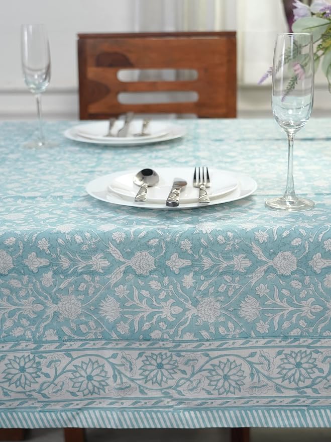 Ridhi Teal Gray Hand Block Print Cotton Rectangle Tablecloth 190" x 72" inches Reusable Table Cover Decorative Everyday Use for Dining Room, Farmhouse, Home Gift for Spring, Mother's Day