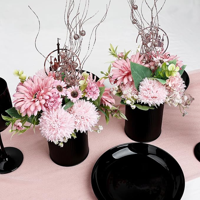 Pink Flowers Table Centerpieces - Set of 6 Pre-Made Daisy Floral Arrangements with Black Metal Vase for Birthday, Baby Shower, Party, Events Celebration Decorations - Dusty Pink & Rose Gold