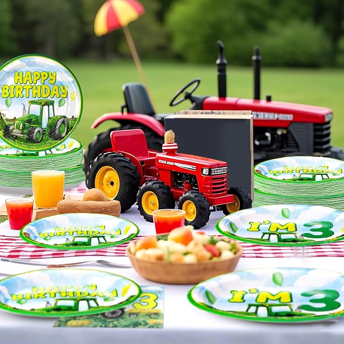 Grencian 96Pcs Tractor Birthday Party Decorations Tractor 3rd Birthday Party Plates Disposable Green Tractors Paper Tableware Set for Kids Boys 3 Years Old Supplies Serves 24