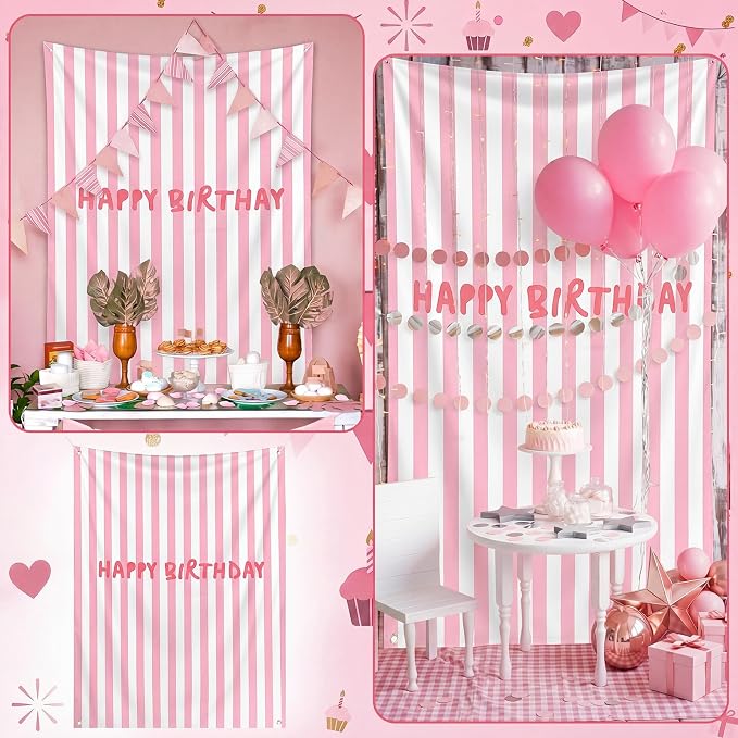 Flutesan 7x5ft Pink Stripe Happy Birthday Backdrop Large Banner Fabric Tapestry Birthday Party Decoration Baby Shower Linen Rustic Background Wall Photo Props Indoor Outdoor