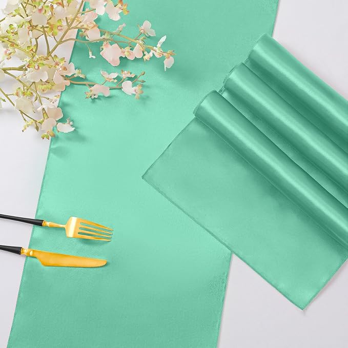 Horbaunal 2 Pack Aqua Satin Table Runner 12 x 108 Inch, Smooth Table Runners for Wedding Banquets Birthday Party