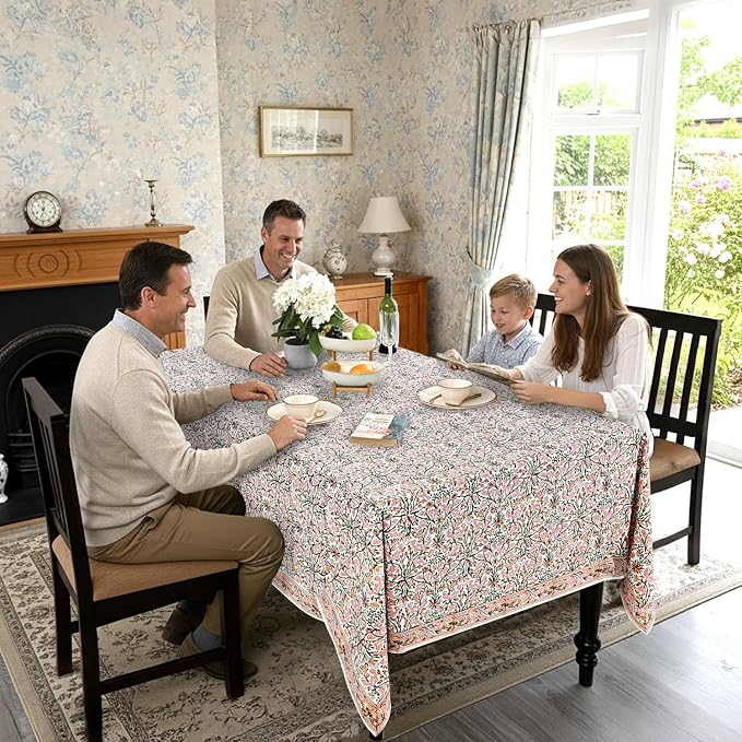 Ridhi Sassy Salmon and Emerald Green Hand Block Print Cotton Rectangle Tablecloth 108" x 70" inches Reusable Table Cover Decorative Everyday Use for Dining Room, Farmhouse, Gift Spring, Mother's Day