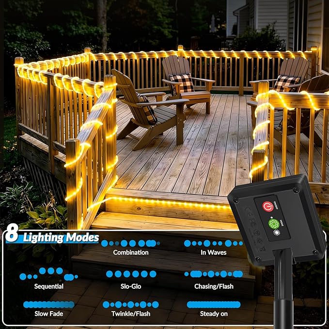 Solar Rope Lights, 2 Pack 33FT 100 LED Solar Fairy Lights with 8 Lighting Modes, IP65 Waterproof Strip Light Outdoor for Garden Yard Patio Deck Fence Tree Party Holiday Decoration, Warm White