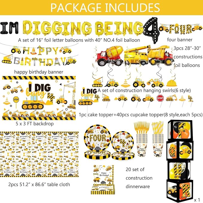 345 Pcs Construction 4th Birthday Party Supplies, Dump Truck Four Years Old Party Decorations Include Backdrop, Balloons Box, Hanging Swirls, Tablecloth, Plates, Cake Toppers, Balloons Garland Kit
