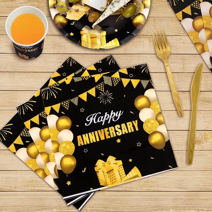 168Pcs Black and Gold Party Supplies Tableware Set Happy Anniversary Plates, Knife,Forks,Spoons, Cups and Napkins Table Decorations for Anniversary Wedding Birthday Party Decorations, 24 Guests