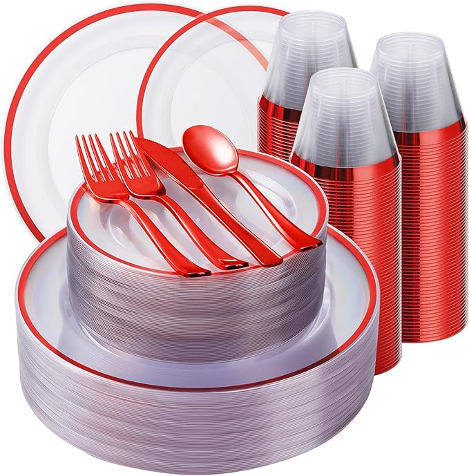 Beststar 350PCS Red and Clear Plastic Dinnerware Sets for 50 Guests, Include 100 Red Disposable Party Plates, 100 Forks, 50 Knives, 50 Spoons, 50 Cups,christmas party supplies