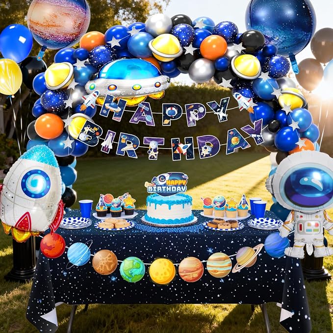 Outer Space Party Decorations, 109pcs Space Birthday Decorations Set Includes Galaxy Birthday Banner Balloons Tablecloth Cake Decorations etc
