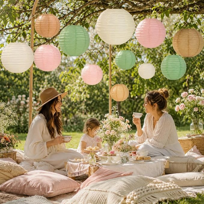 ADLGG 21 Pcs Paper Lanterns Decorative Sets - Sage Green, Pink, Brown Round Hanging Lanterns for Greduation, Woodland Birthday, Neutral Baby Shower, Boho Bridal Shower, Rustic Wedding Party Decor