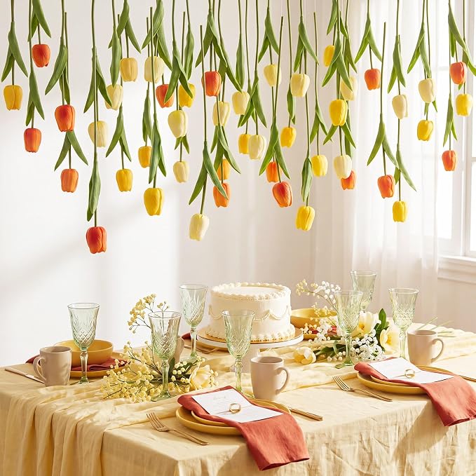 24 Pack Gradient Yellow 5 ft Artificial Tulips Hanging Flower Garland Decorations Spring Summer Dangling Faux Tulip Floral Vine Strings with Hooks for Wall Ceiling Wedding Tea Party