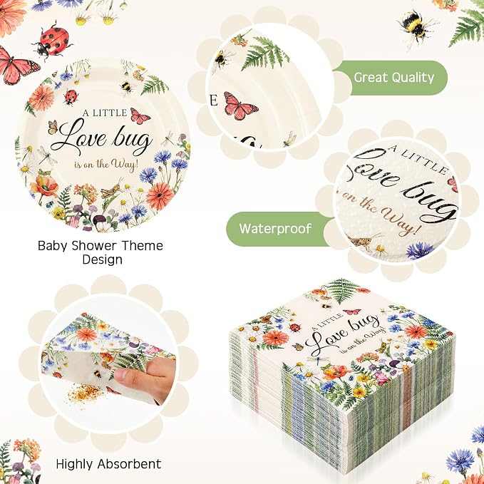 Ziliny 350 Pcs Love Bug Baby Shower Decoration Wildflower Baby Shower Paper Plates Napkins Tableware for Gender Reveal Newborn Party Serves 50 Guests