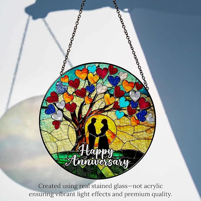 Happy Anniversary Stained Glass Suncatcher, Romantic Anniversary Wedding Gift for Wife, Husband, or Couples, Wedding Anniversary Celebration Keepsake Decoration