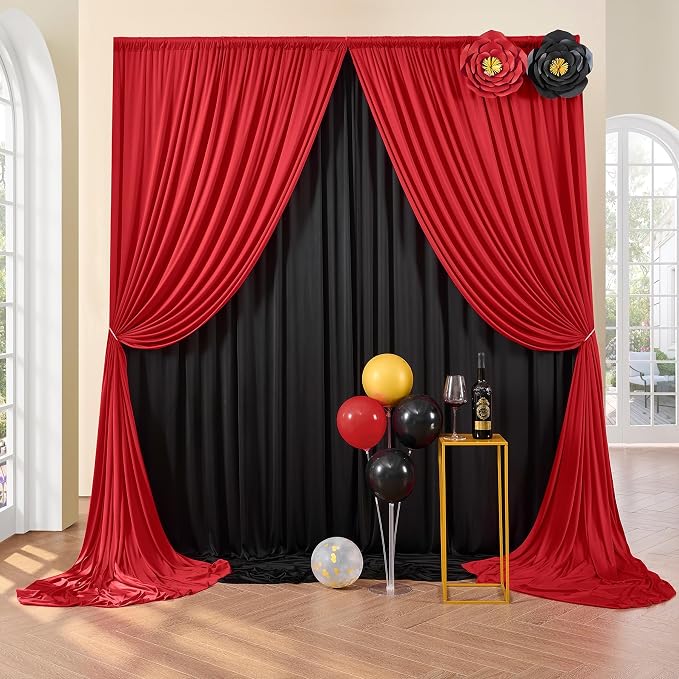 50ft×8ft Red Wrinkle Free Backdrop Curtains for Parties, 10 Panels 5×8ft Soft Silky Photo Backdrop Drapes for Wedding Birthday Party Baby Shower Mother's Day Red Themed Party Photography