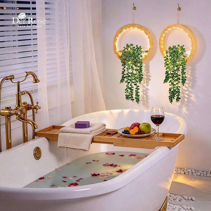 Der Rose 2 Pack Lighted Hanging Plants, Artificial String of Pearls Plants with Warm LED Lights, Aesthetic Fake Plants for Wood Tone Bedroom Bathroom Living Room Wall Decor, Party & Gift for Women