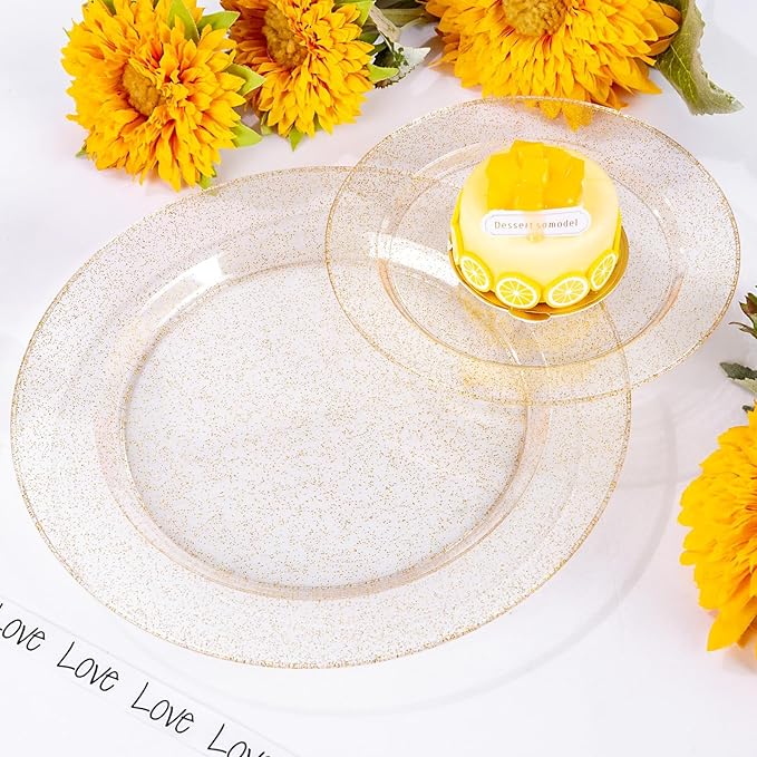 WDF 200PCS Gold Plastic Plates - Gold Glitter Plastic Plates - Heavy Duty Gold Glitter Disposable Plates - Include 100 Dinner Plates 10" and 100 Dessert Plate 7" for Wedding Spring Birthday