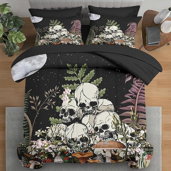 Pamnest Comforter Set King Size, Mushroom Plant 7 Pcs Bedding for Kids and Adults, Skeleton Spooky Retro Bed Sheet Sets with Fitted Sheet 2 Pillowcases & 2 Shams for Bedroom Bed Decor